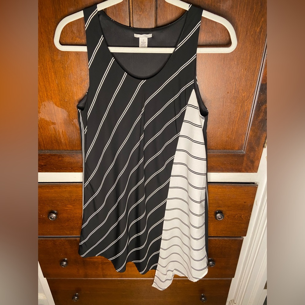 Halogen SP black and white striped dress with asymmetric skirt in front.